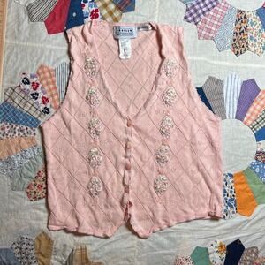 Jantzen Classics Vintage Pink Embroidered Knit Sweater Vest Pointelle Size M